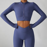 Women's Two Piece Purple Ribbed Modern Long Sleeve Top High Waisted Yoga Leggings Workout Set