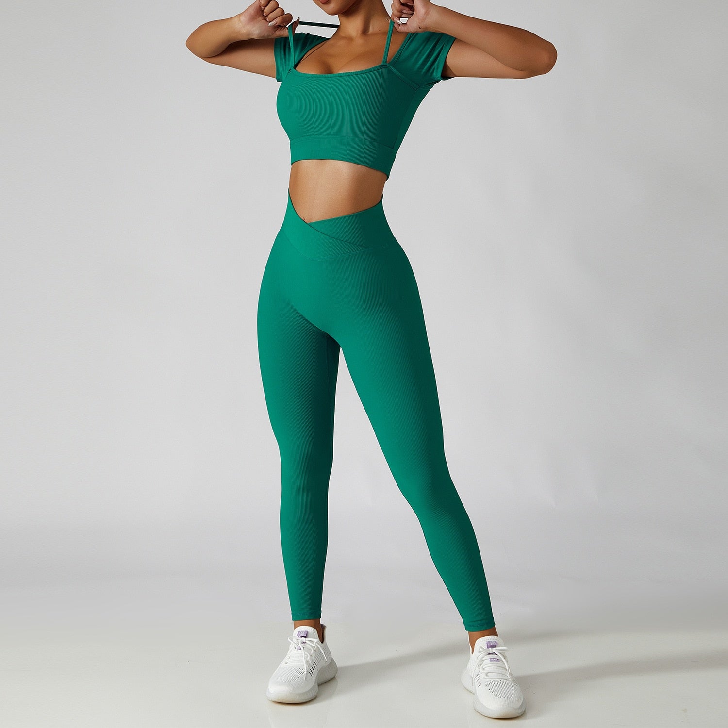 Women's Two Piece Green Ribbed Modern Short Sleeve Top High Waisted Yoga Leggings Workout Set