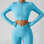 Women's Two Piece Blue Ribbed Modern Long Sleeve Top High Waisted Yoga Leggings Workout Set