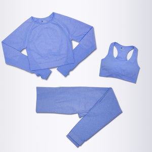 Women's 3-Piece Seamless Blue Long Sleeve Crop Top Yoga Activewear Set