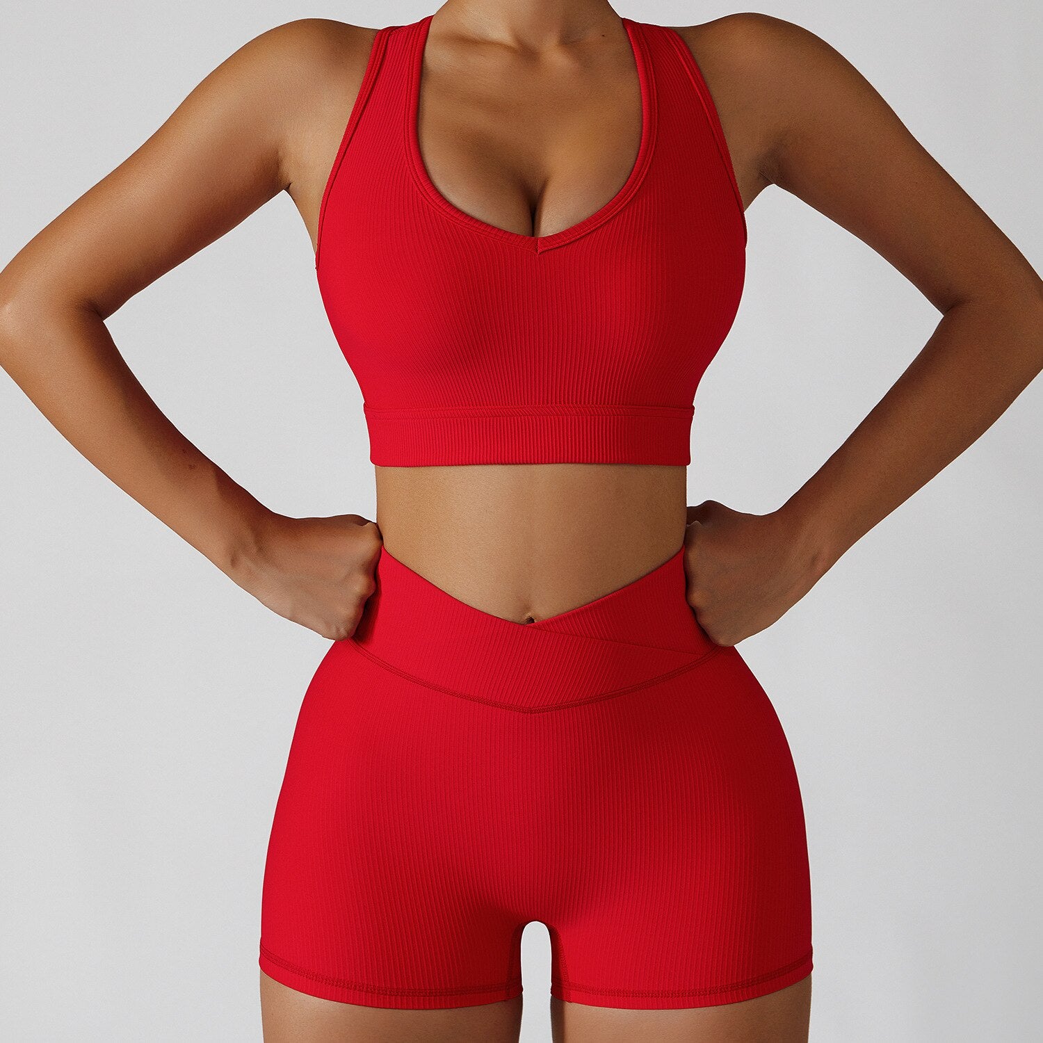 Women's Two Piece Red Ribbed Modern Athletic Sports Bra High Waisted Shorts Workout Set