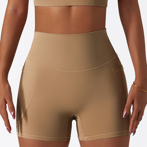 Women's Solid Caramel Coffee Light Brown Color Seamless High Waisted Yoga Athletic Shorts With Pockets