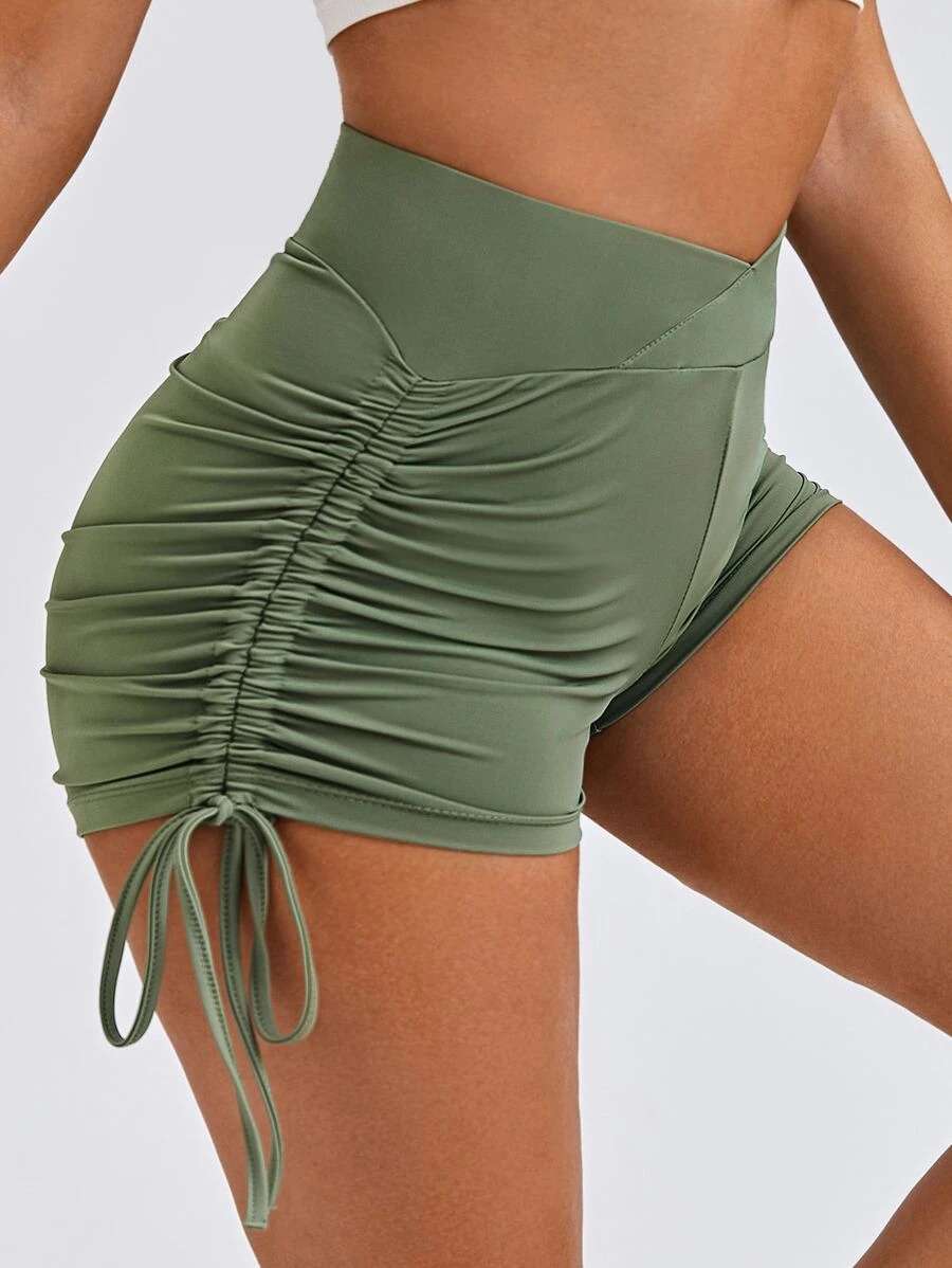 Women's Army Green V-Shape High Waisted Drawstring Scrunch Yoga Gym Shorts