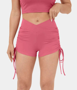 Women's Pink V-Shape High Waisted Drawstring Scrunch Yoga Gym Shorts