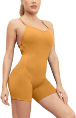 Women's Brown Caramel Coffee Brazilian Style One-Piece Sculpted Backless Workout Yoga Unitard Bodysuit Jumpsuit Shorts