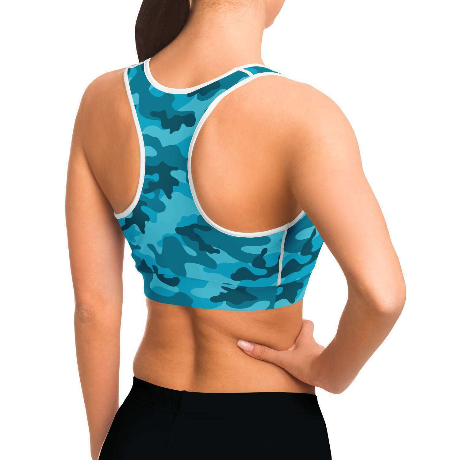 Women's All Cyan Blue Camouflage Athletic Sports Bra Model Right