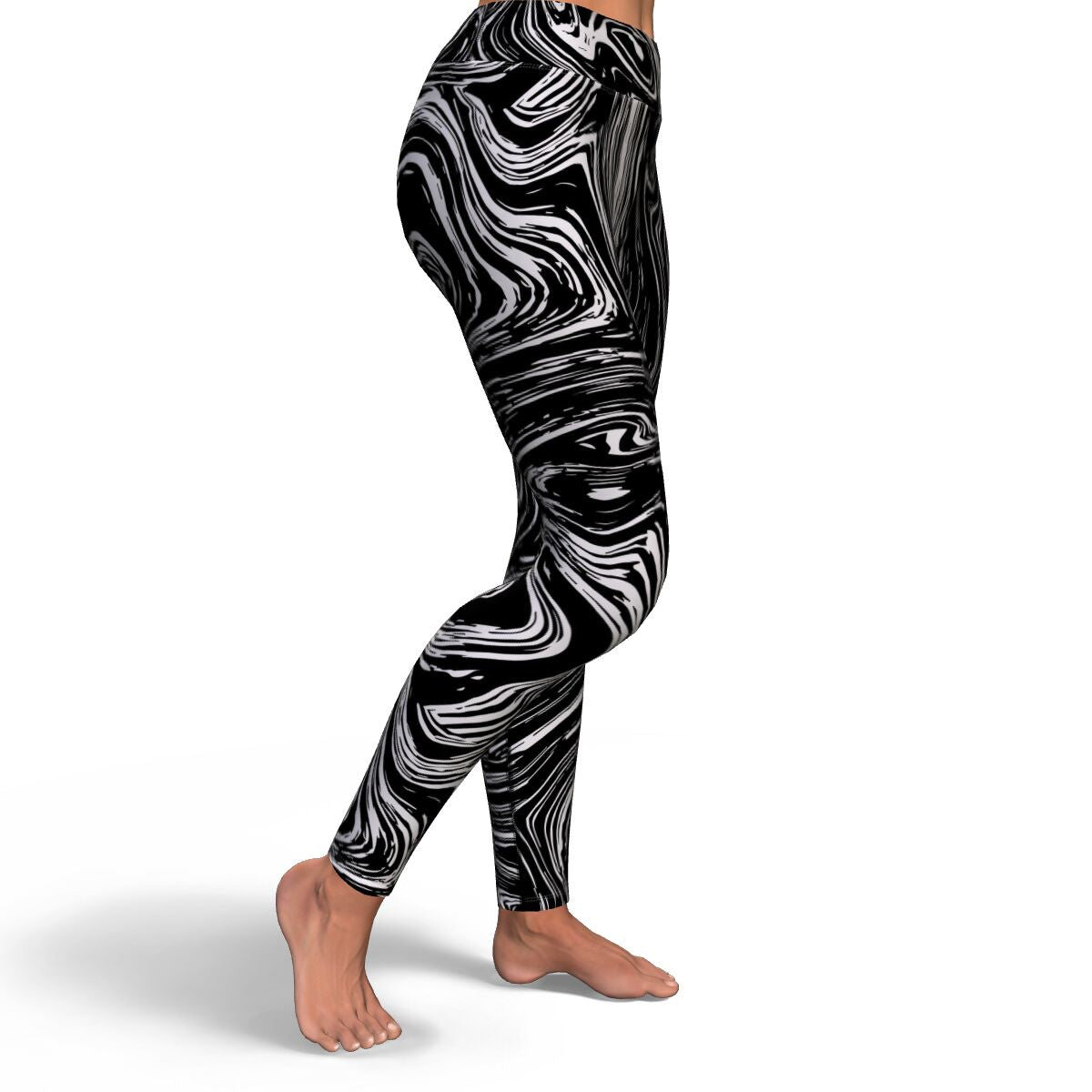 Women's Black Grey Marble Swirl Yoga Fitness Leggings Right