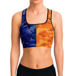 Women's All Blue Orange Camouflage Athletic Sports Bra Model Front