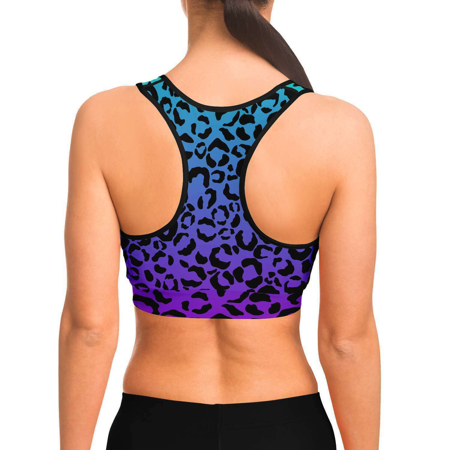 Women's Purple Blue Gradient Leopard Cheetah Print Athletic Sports Bra Model Back