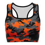 Women's Black Orange Camouflage Athletic Sports Bra Front