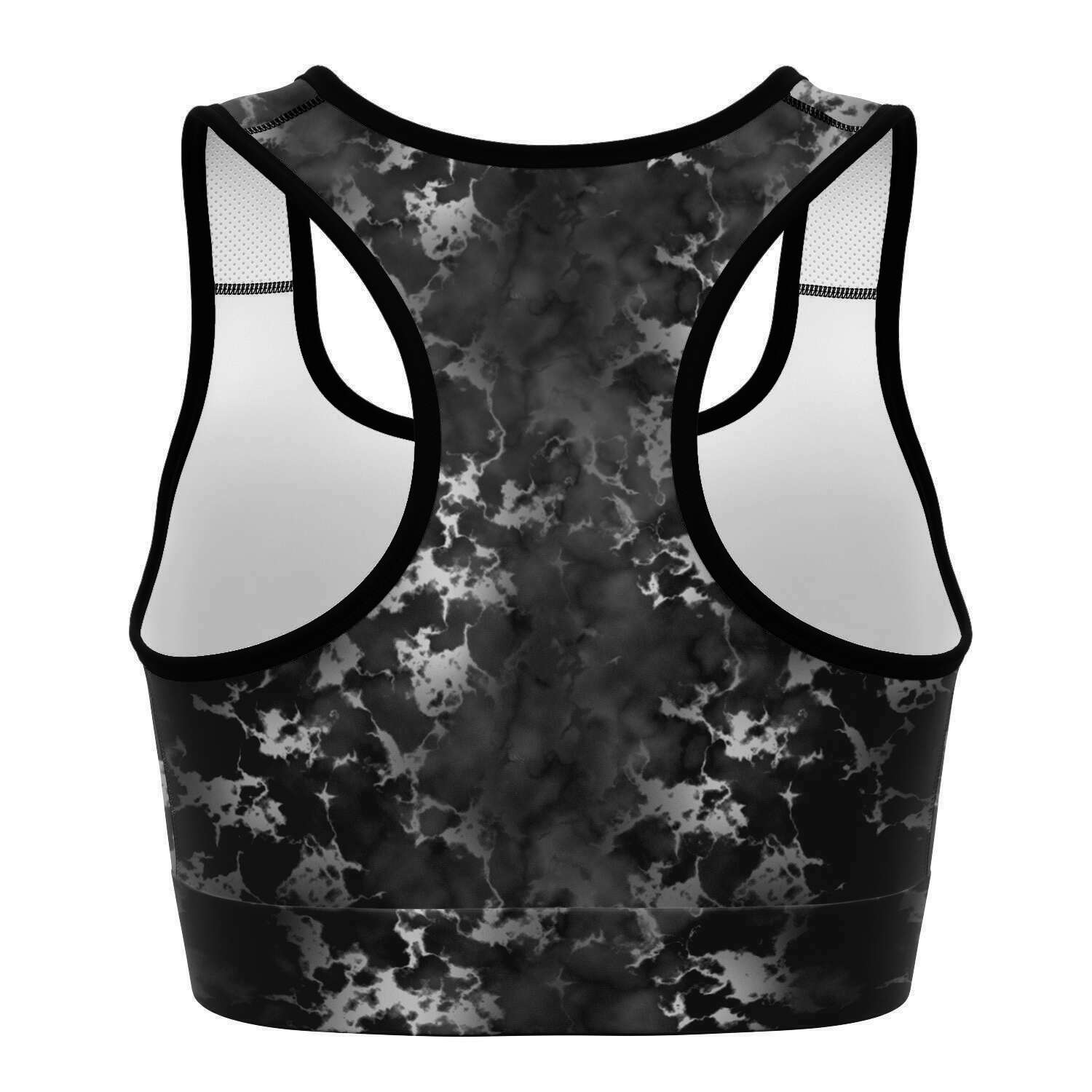 Women's Black Silver Gilded Marble Athletic Sports Bra Back