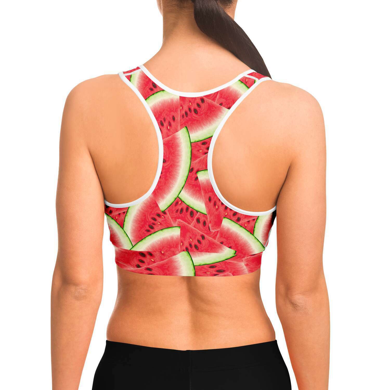 Women's Juicy Watermelon Slices Athletic Sports Bra Model Back