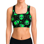 Women's Little Green Space Men Aliens Athletic Sports Bra Model Front