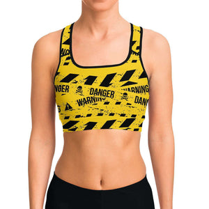 Women's Yellow Under Construction Warning Caution Tape Athletic Sports Bra Model Front