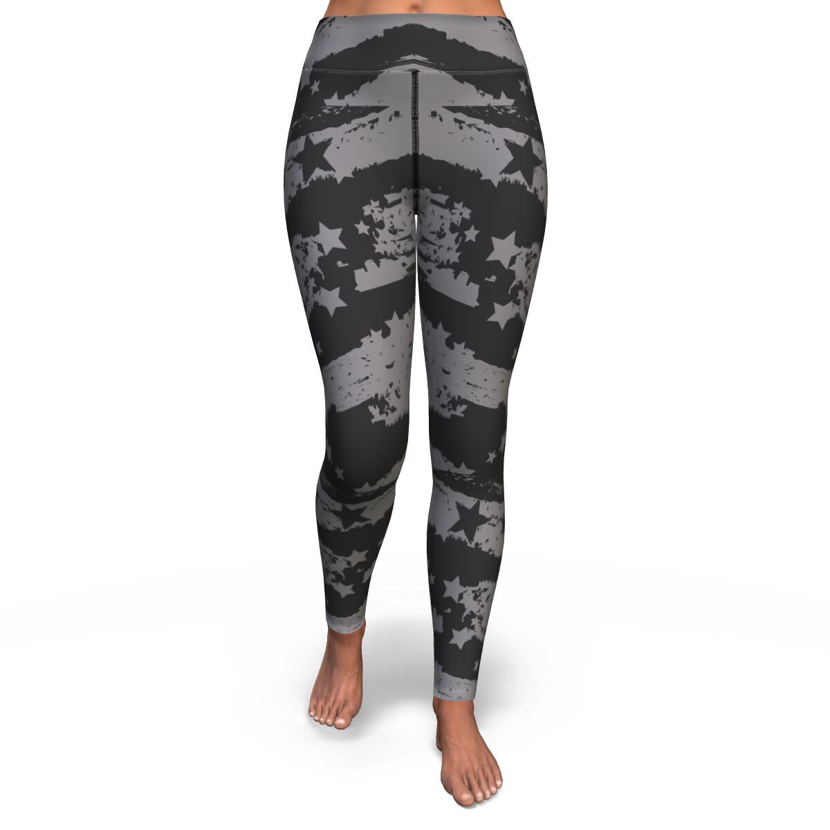 Women's Grey Grunge Stars Stripes High-waisted Yoga Leggings Front