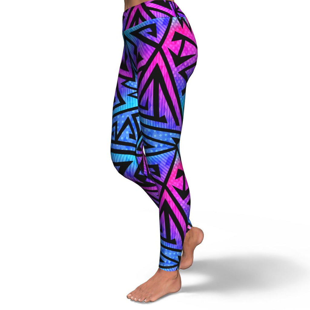 Women's Pink Blue Tribal Graffiti High-waisted Yoga Leggings Left