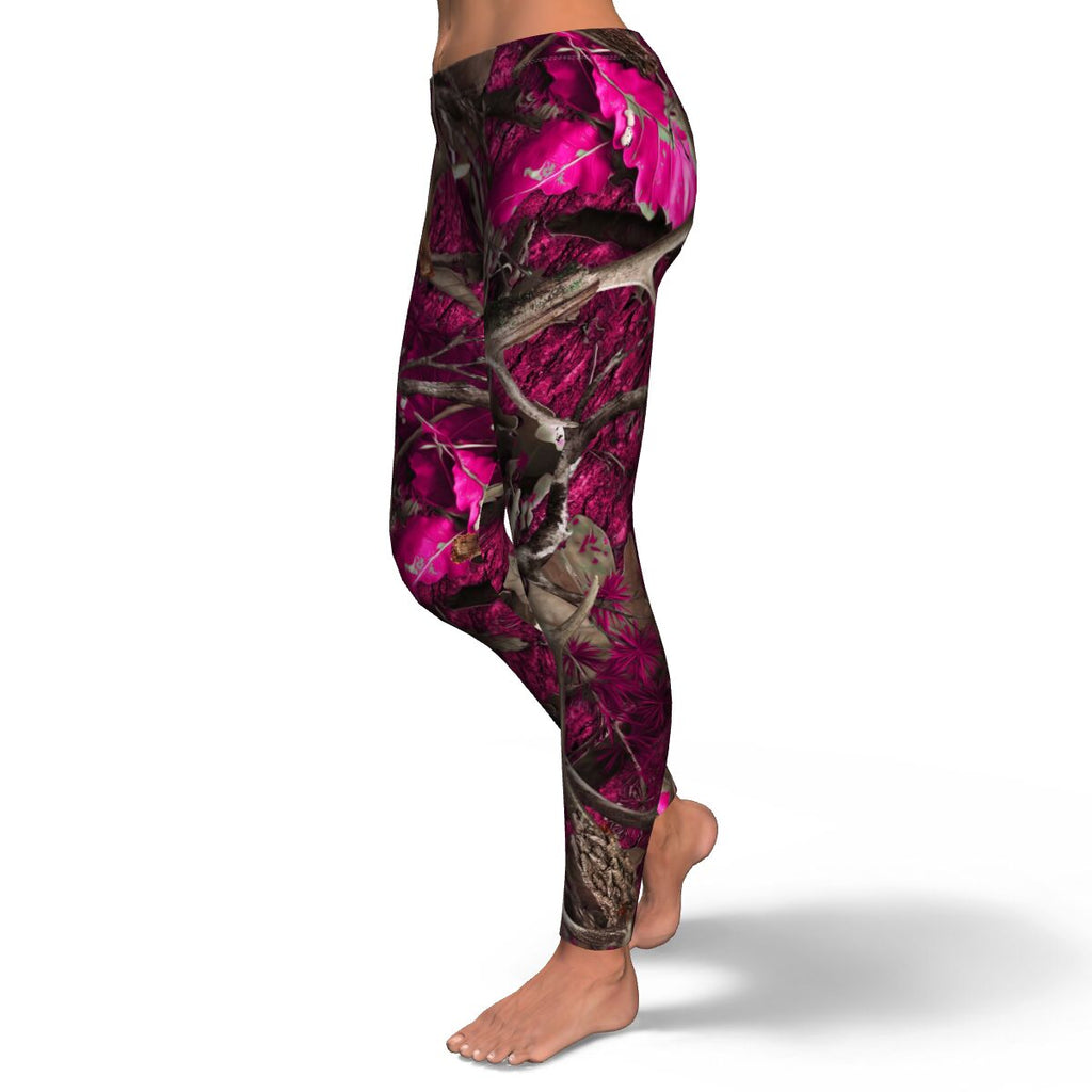 Women's Pink Hunting Camo Mid-Rise Yoga Leggings Left