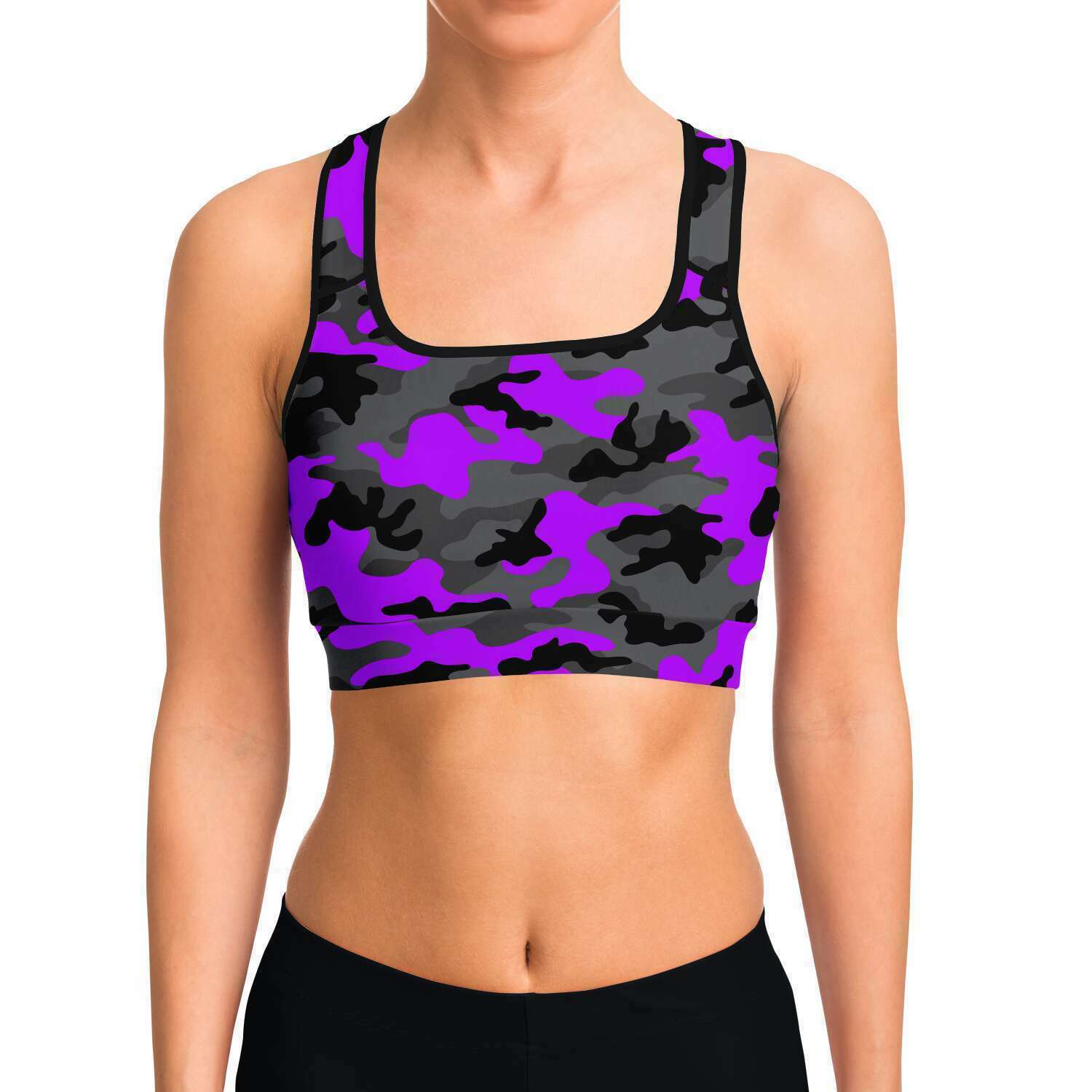 Women's Black Purple Camouflage Athletic Sports Bra Model Front