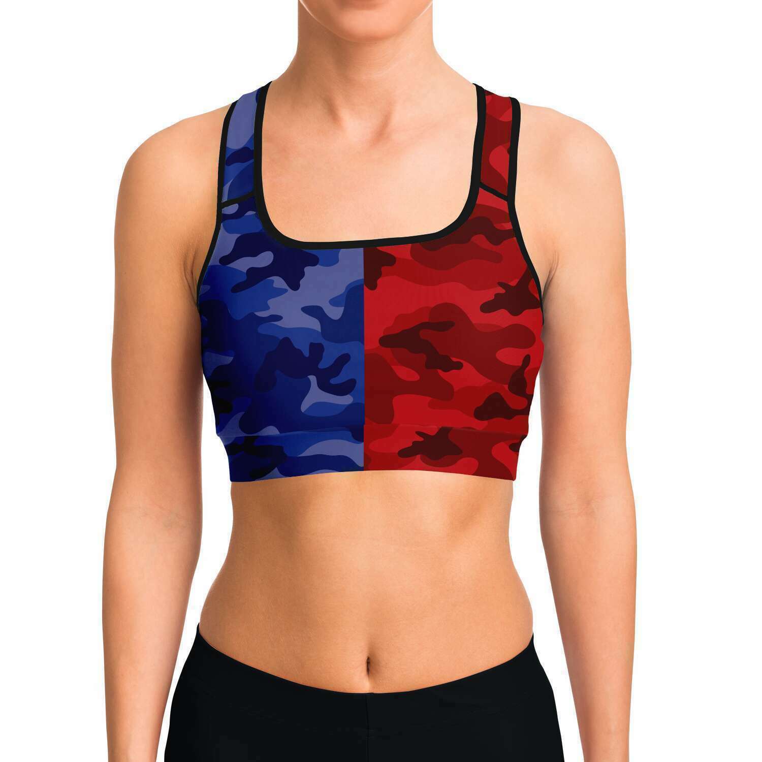 Women's All Blue Red Camouflage Athletic Sports Bra Model Front