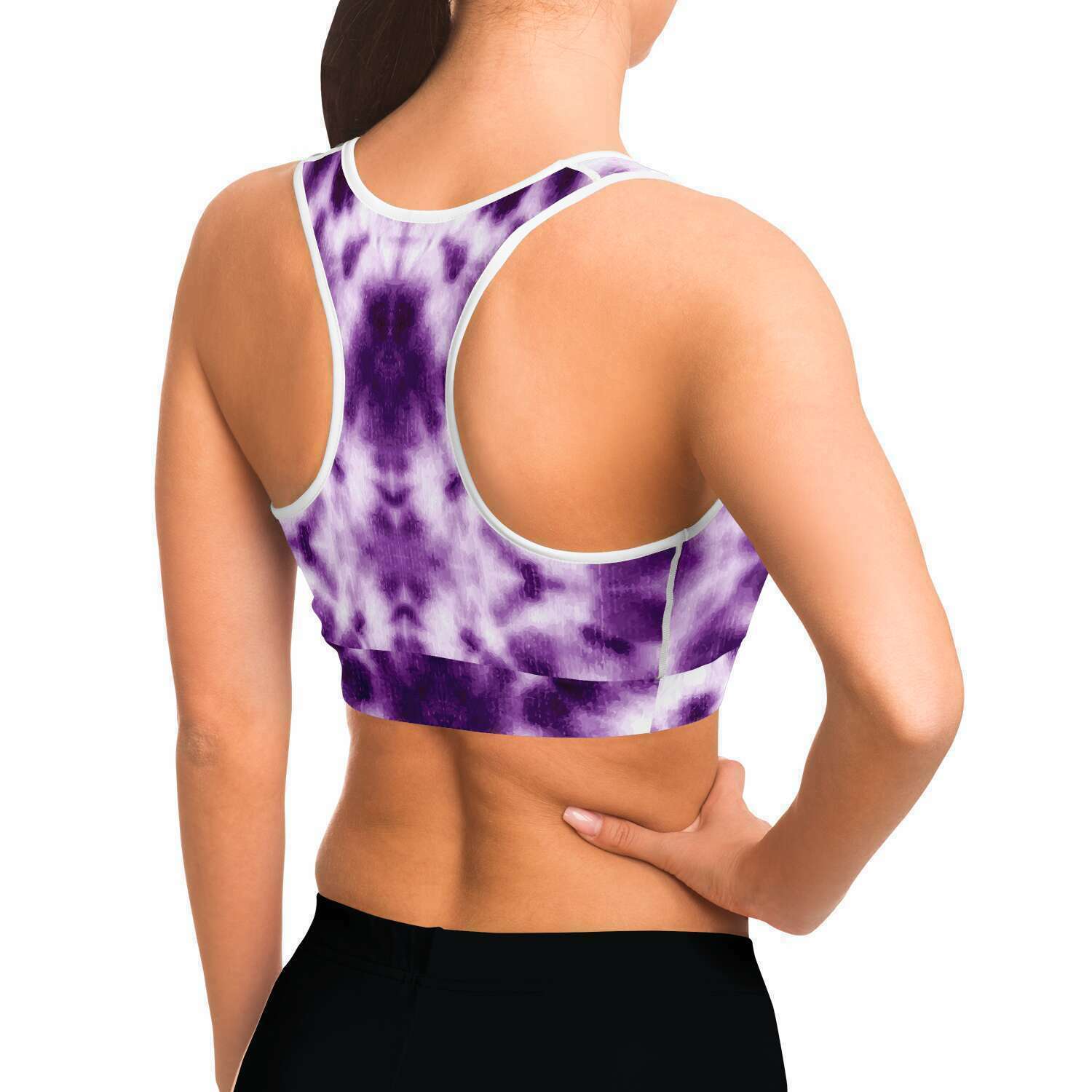 Women's Purple Monotone Tie-Dye Athletic Sports Bra Model Back Right