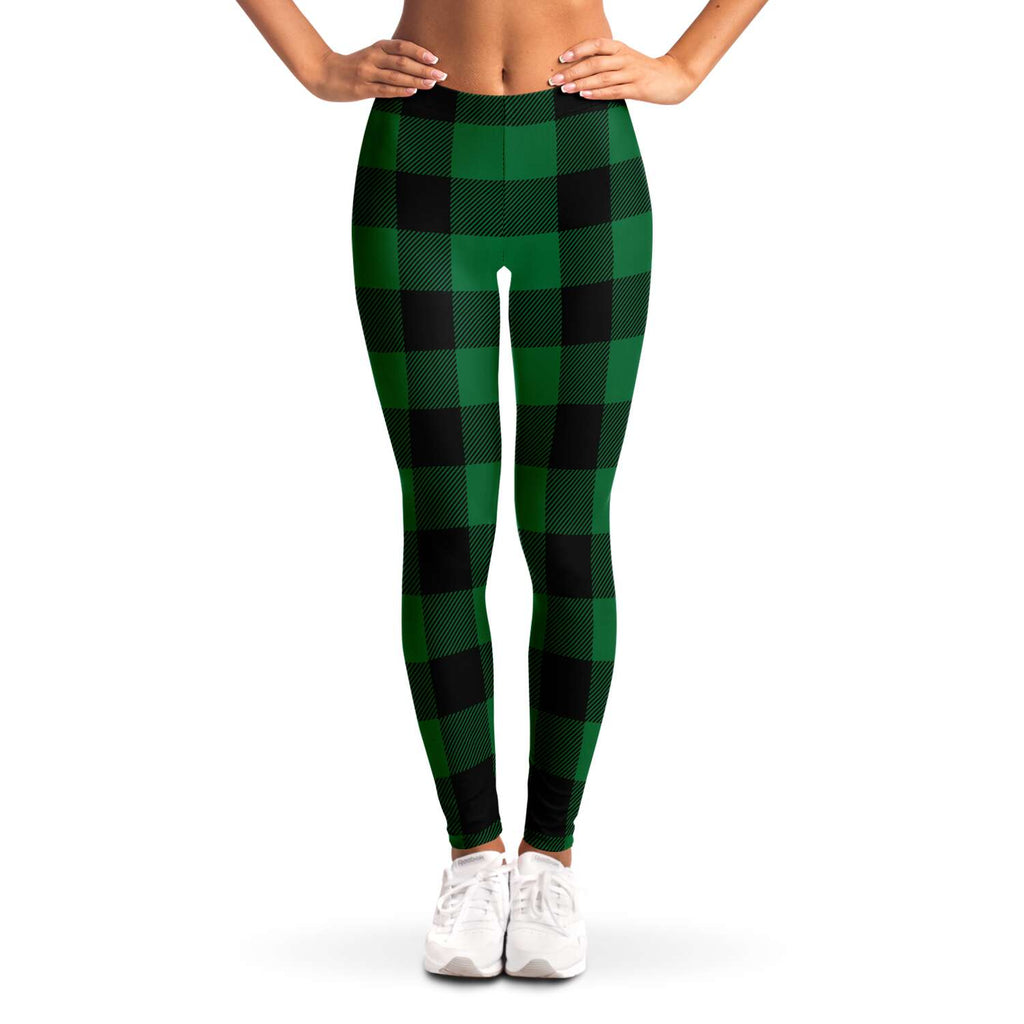 Women's Green Lumberjack Plaid Tartan Mid-Rise Yoga Leggings
