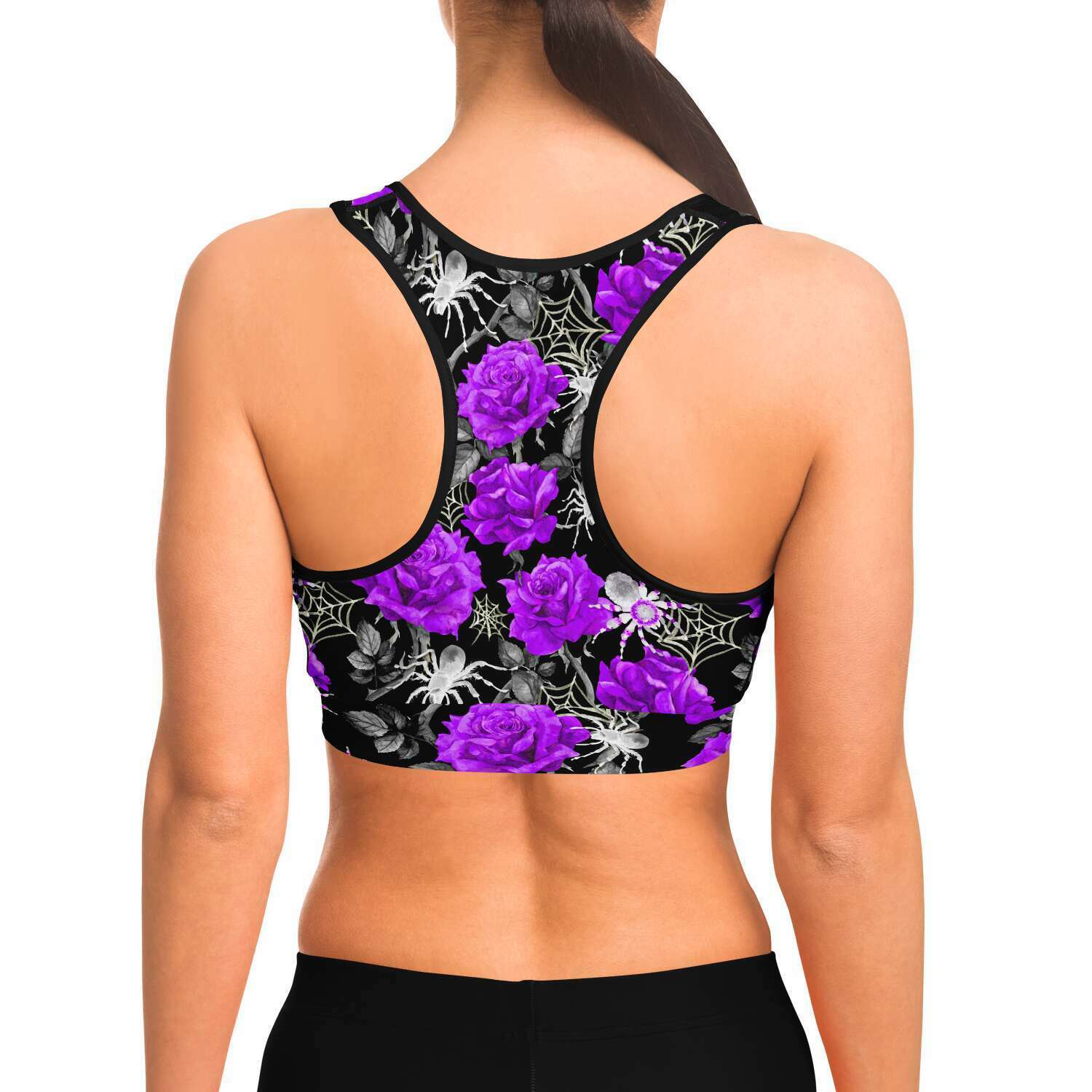 Women's Deadly Purple Roses & Spiders Halloween Athletic Sports Bra Model Back