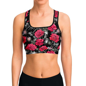 Women's Deadly Pink Roses & Spiders Halloween Athletic Sports Bra Model Front