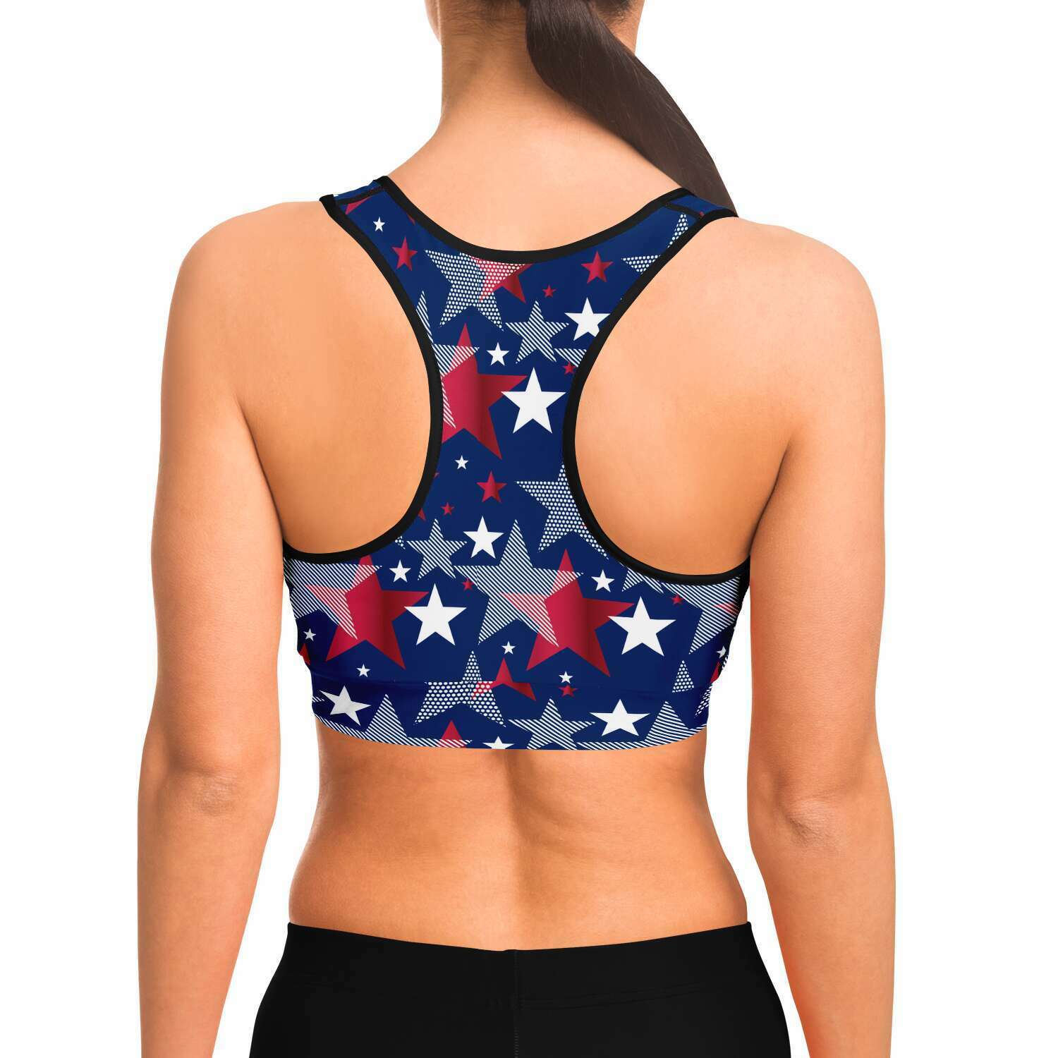 Women's Fourth Of July Starburst Fireworks Athletic Sports Bra Model Back