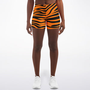 Women's Black Orange Eye Of The Bengal Tiger Stripes Mid-rise Booty Shorts