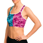 Women's All Cyan Pink Camouflage Athletic Sports Bra Model Right