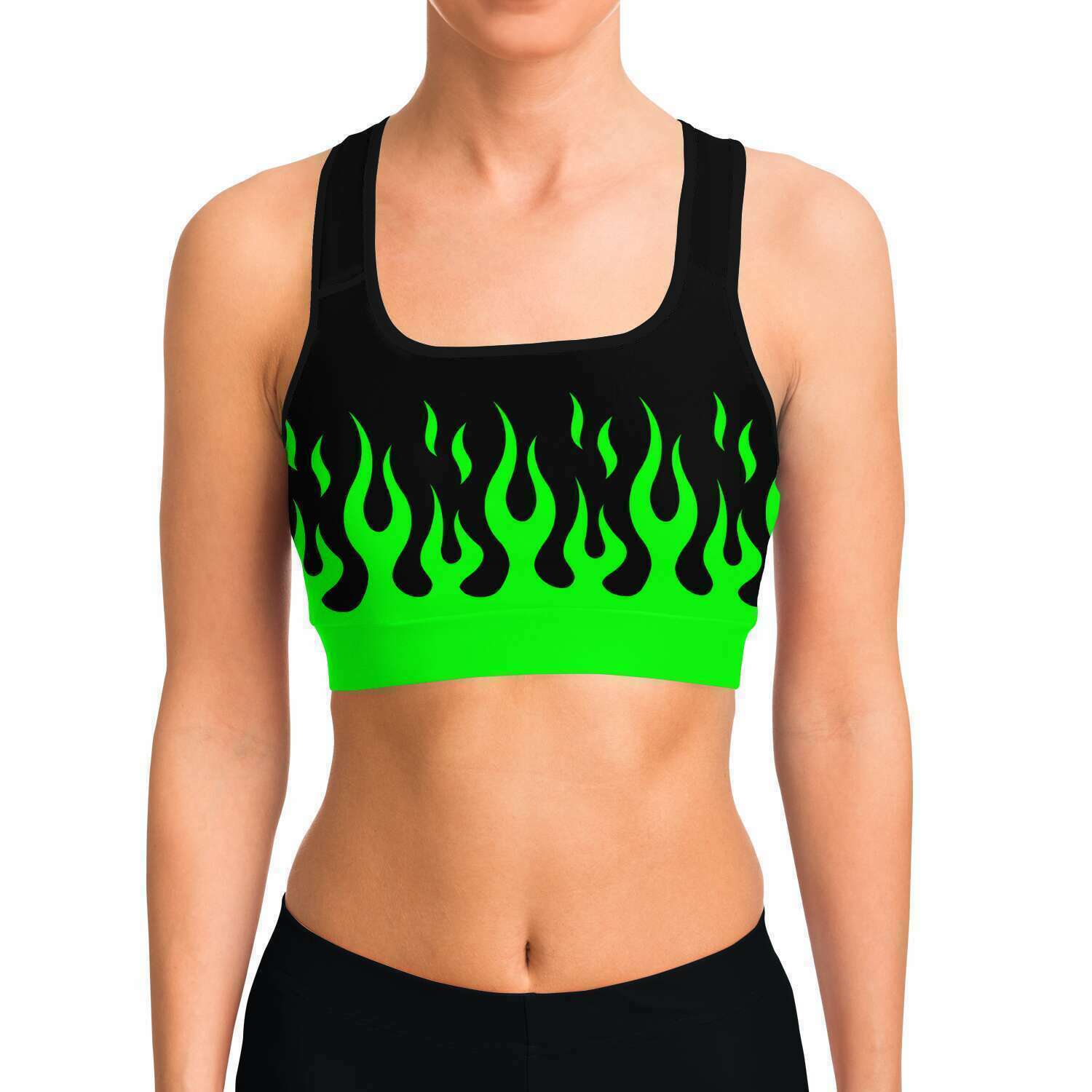 Green Fire Flames Sports Bra