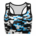 Women's Urban Jungle Carolina Blue White Black Camouflage Athletic Sports Bra