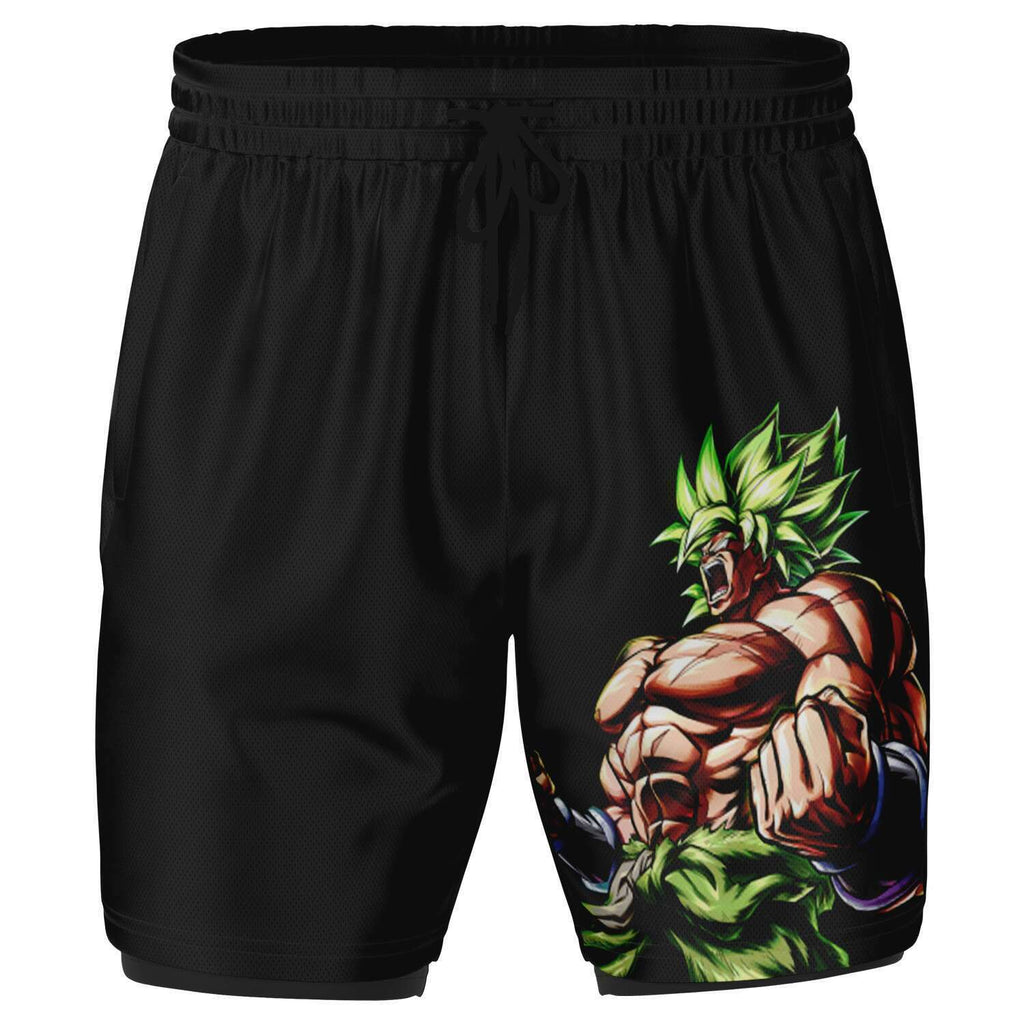 Mens 2-in-1 Green Broly Dragon Ball Super Saiyan Gym Shorts