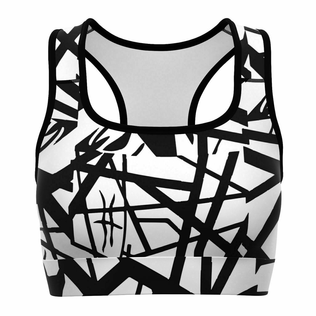 Women's 80s EVH Black & White Rock Roll Music Wolfgang Guitar Stripes Athletic Sports Bra