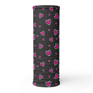 Black Pink Polka Dot Valentines Day Raver PLUR Hearts Neck Gaiter Buff Headband Full View