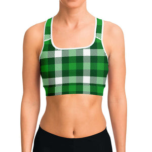 Women's Irish Green Tartan St. Patrick's Day Athletic Sports Bra Model Front