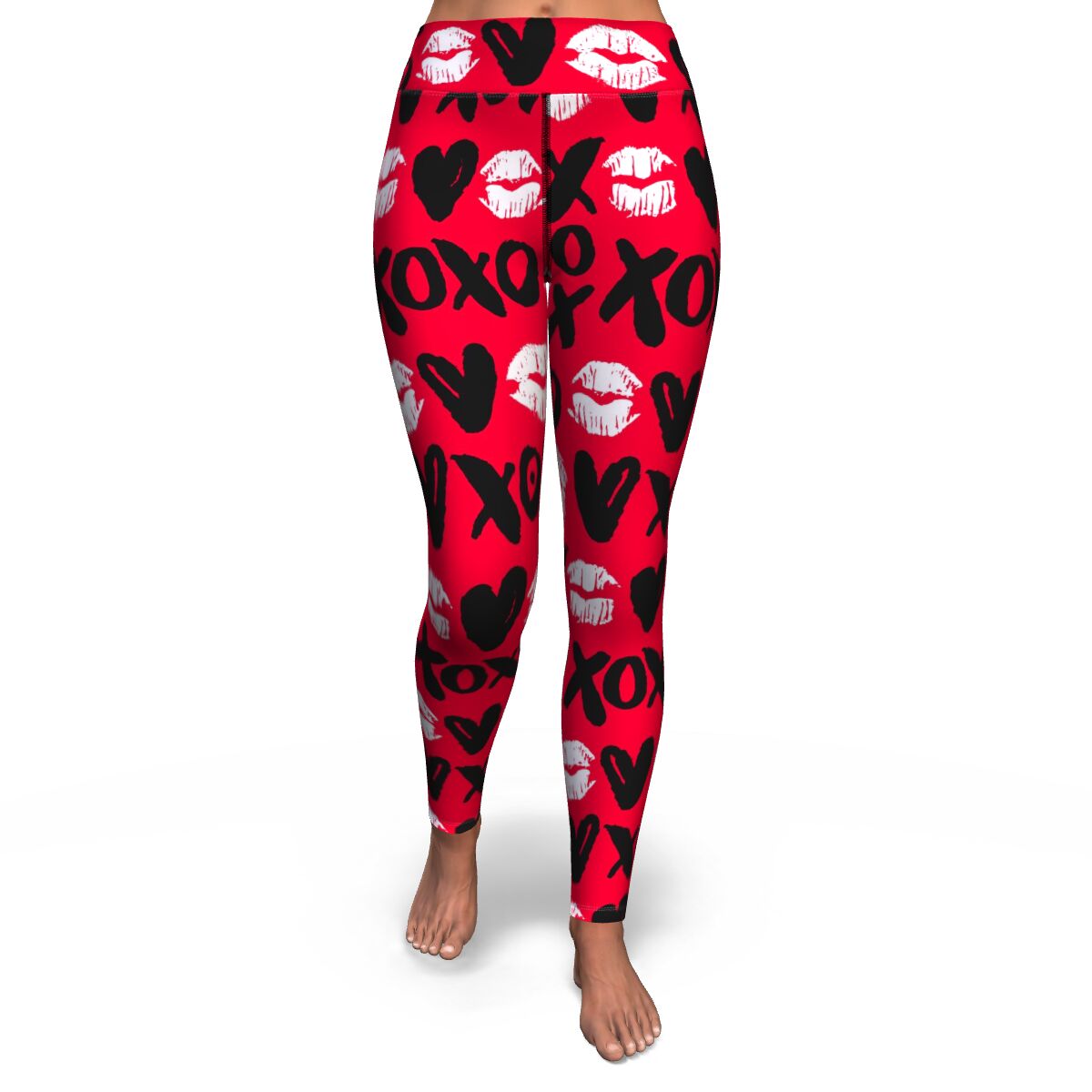 Women's Red Valentines Hearts Hugs Kisses High-waisted Yoga Leggings Front