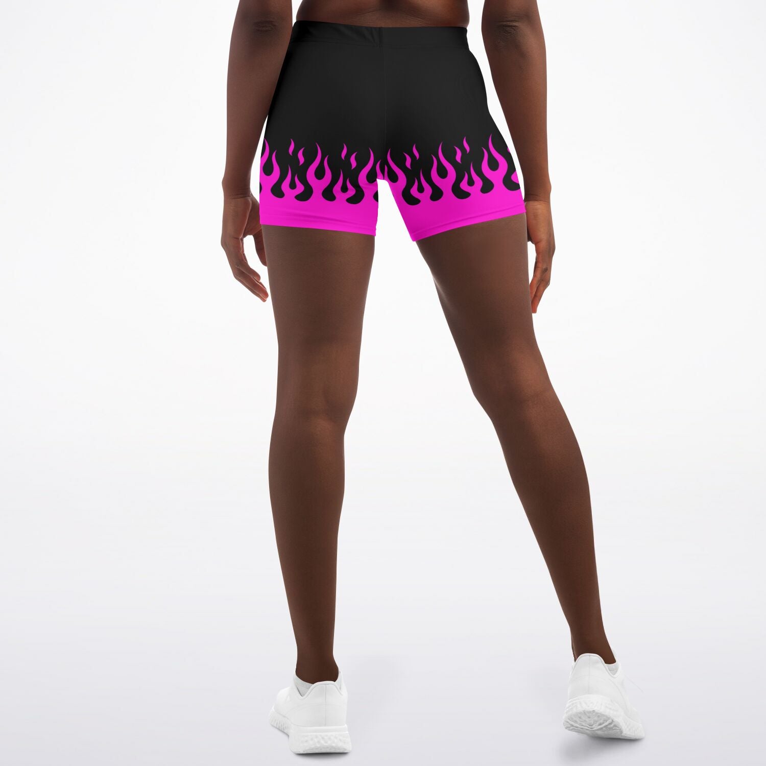 Women's Retro Classic Pink Fire Flames Mid-Rise Athletic Yoga Booty Shorts Model Back
