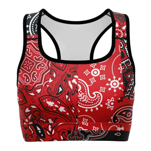 Women's Red Paisley Patchwork Athletic Sports Bra