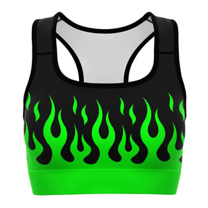 Women's Classic Green Hot Rod Flames Drip Athletic Sports Bra