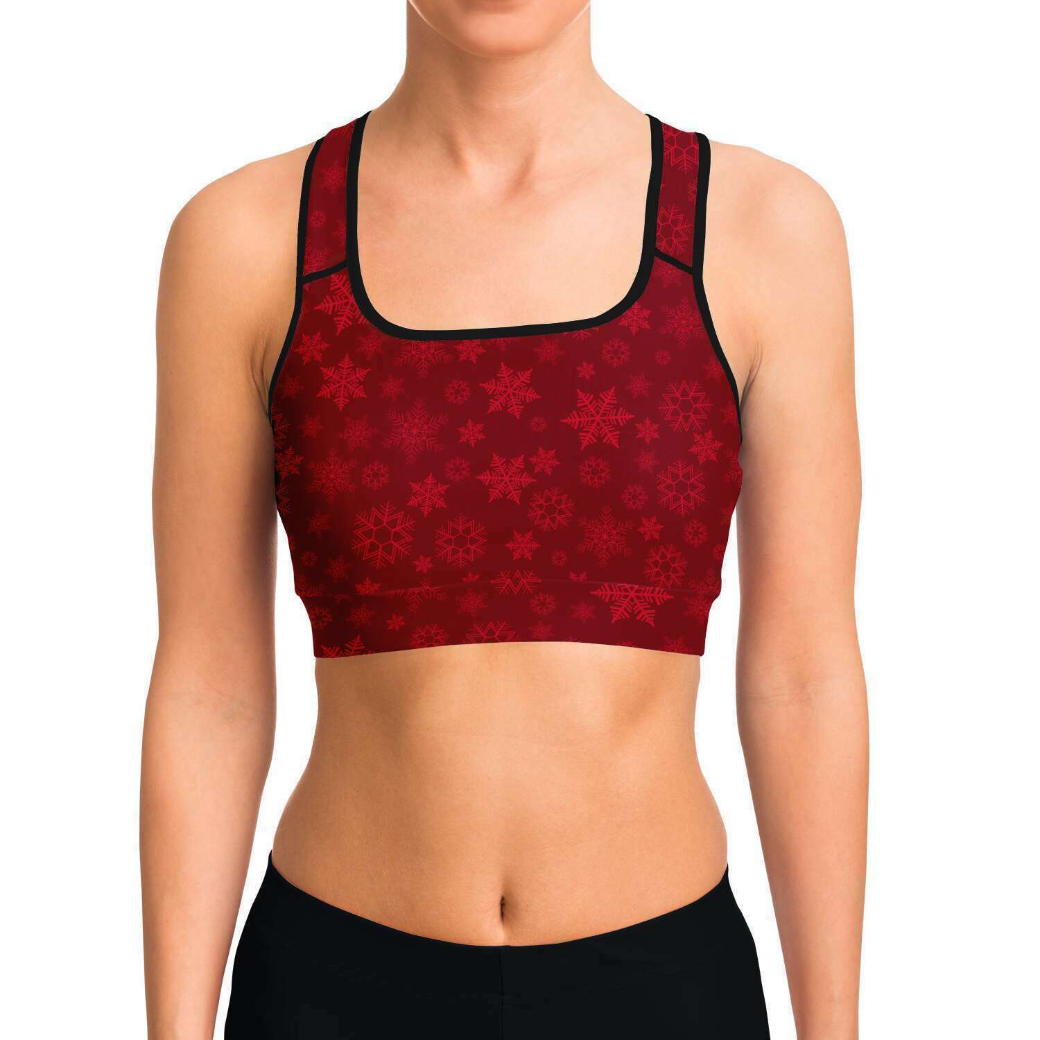 Women's Red Christmas Snowflakes Athletic Sports Bra Model Front