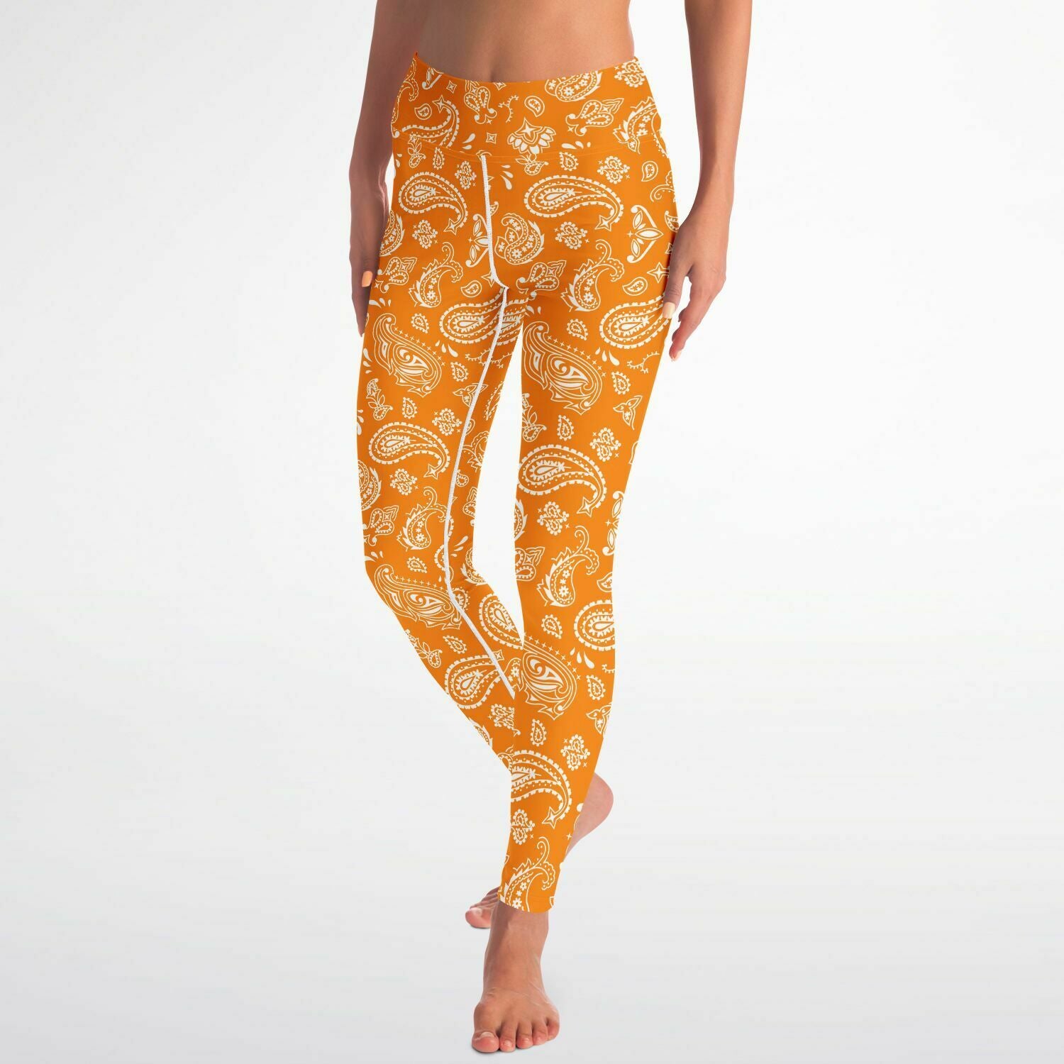 Women's Orange Paisley Bandana High-waisted Yoga Leggings Front