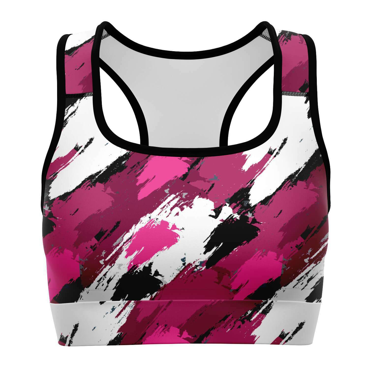Women's Black Pink Brush Camouflage Athletic Sports Bra Front