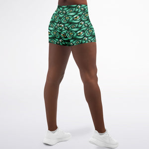 Women's Mid-rise Green Monster Eyes Halloween Athletic Booty Shorts