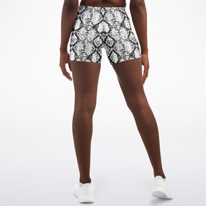 Women's Mid-rise White Snakeskin Reptile Print Athletic Booty Shorts