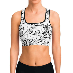 Women's Black Paint Splatter Athletic Sports Bra Model Front