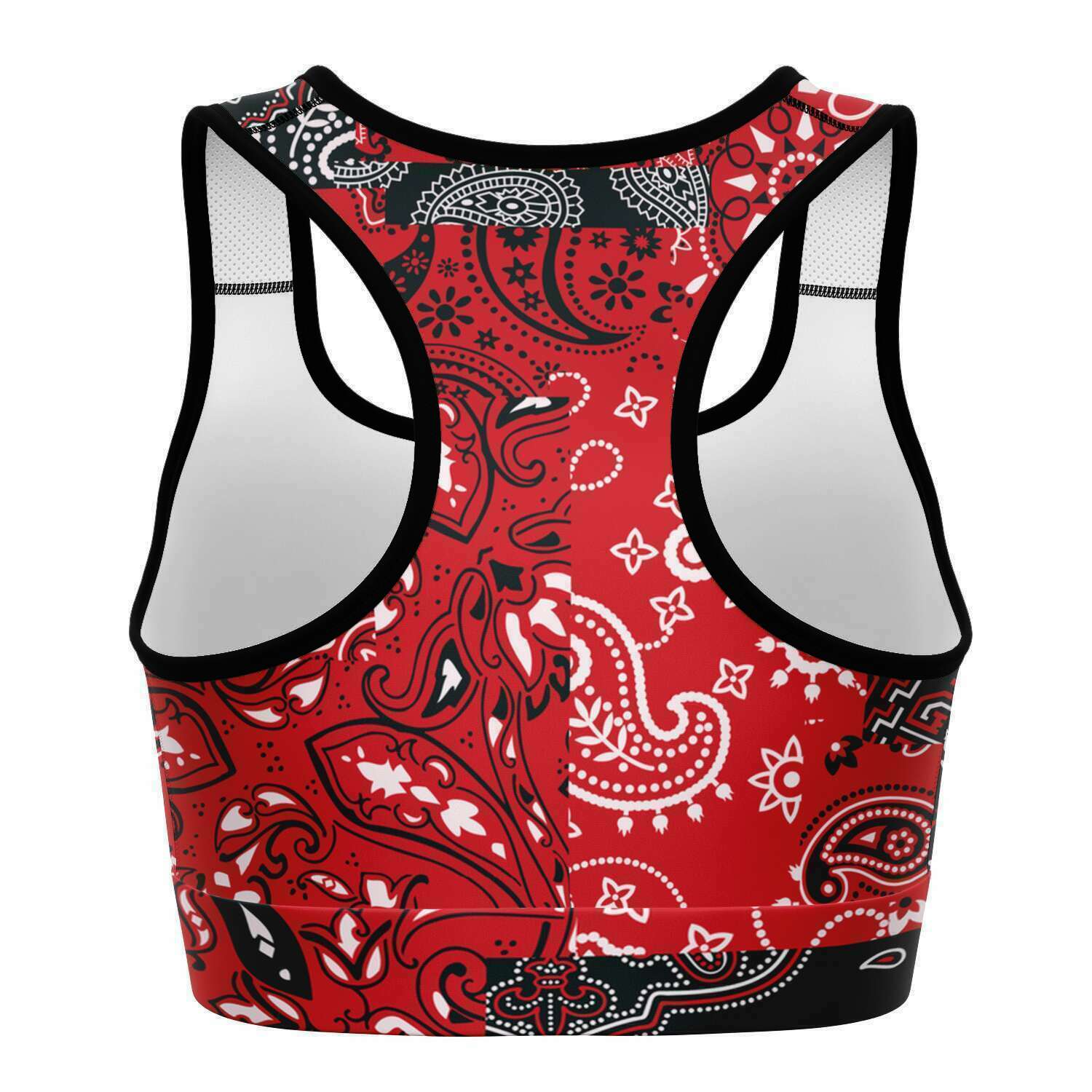 Women's Red Paisley Patchwork Athletic Sports Bra Back