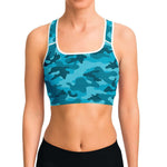 Women's All Cyan Blue Camouflage Athletic Sports Bra Model Front