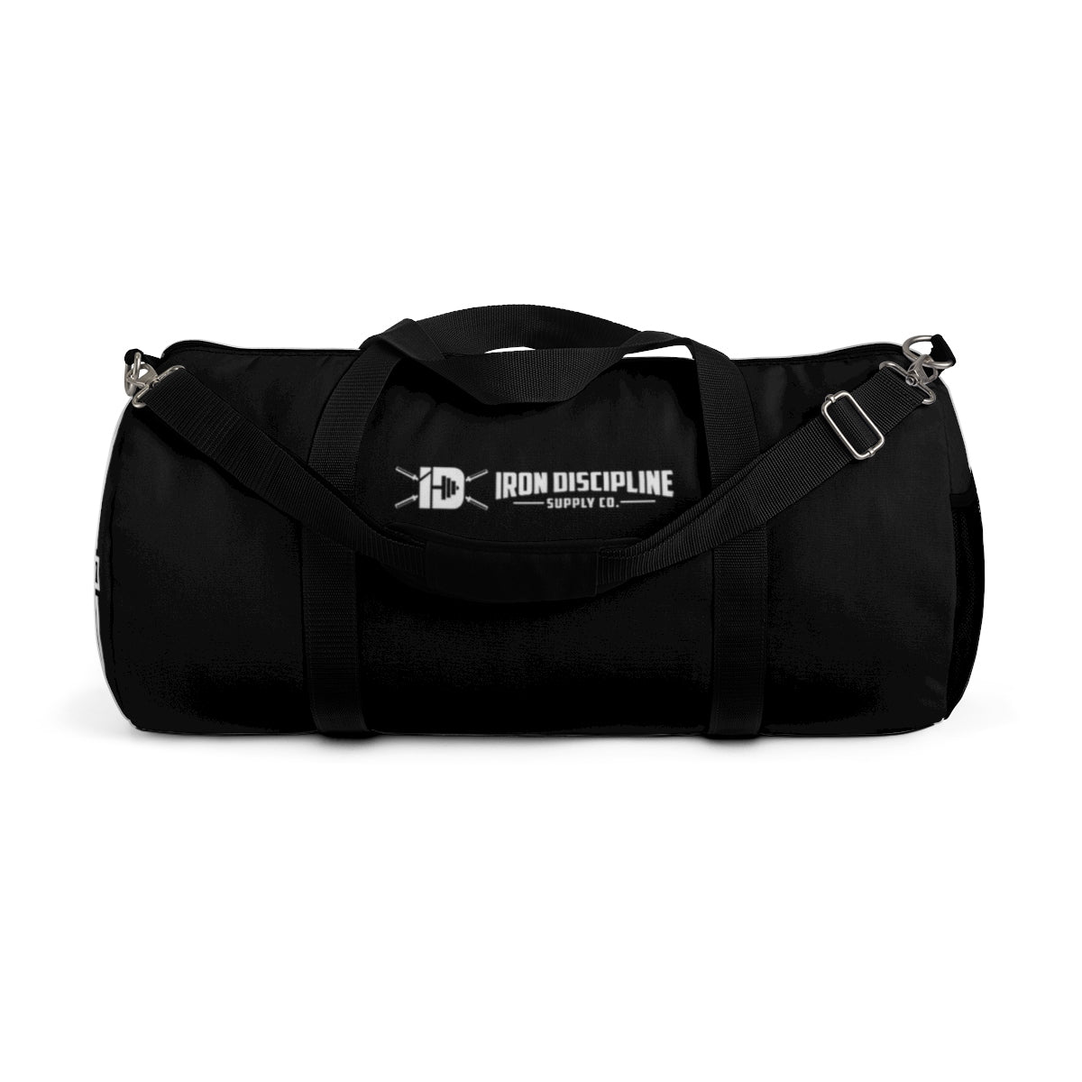 Iron Discipline All Black Gym Duffel Travel Bag Medallion Logo Side Large