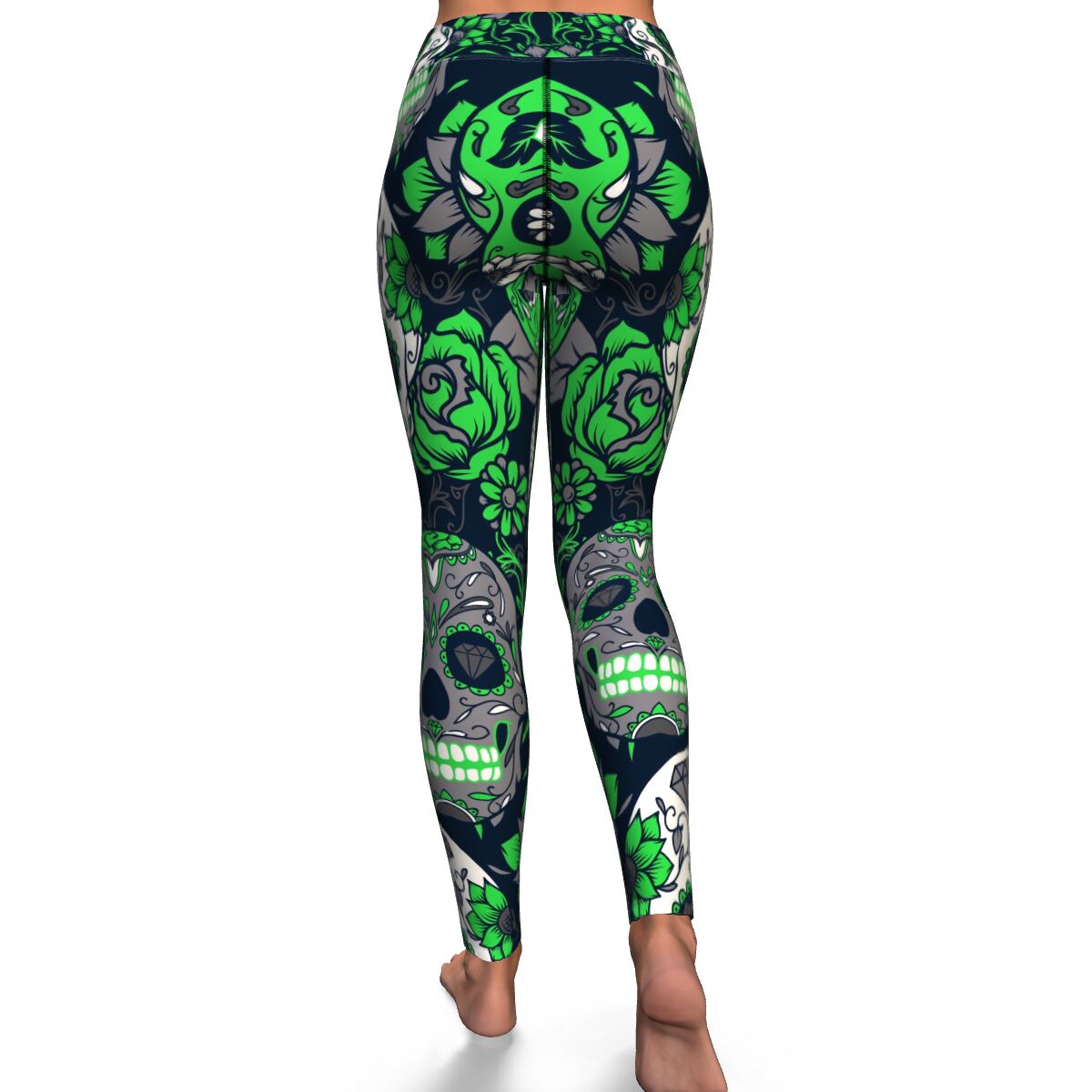 Women's Green Day Of The Dead Sugar Skulls High-waisted Yoga Leggings Back